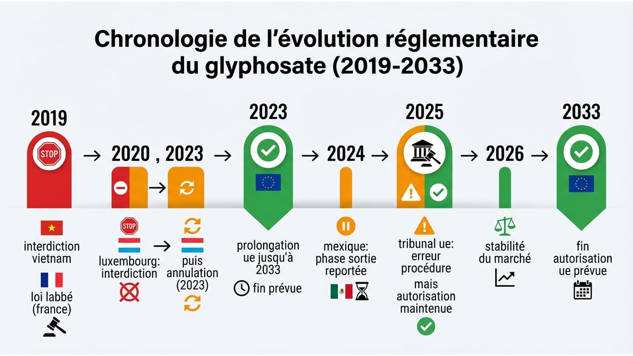 Frise chronologique illustrant les principales décisions réglementaires sur le glyphosate de 2019 à la prolongation européenne prévue jusqu'en 2033