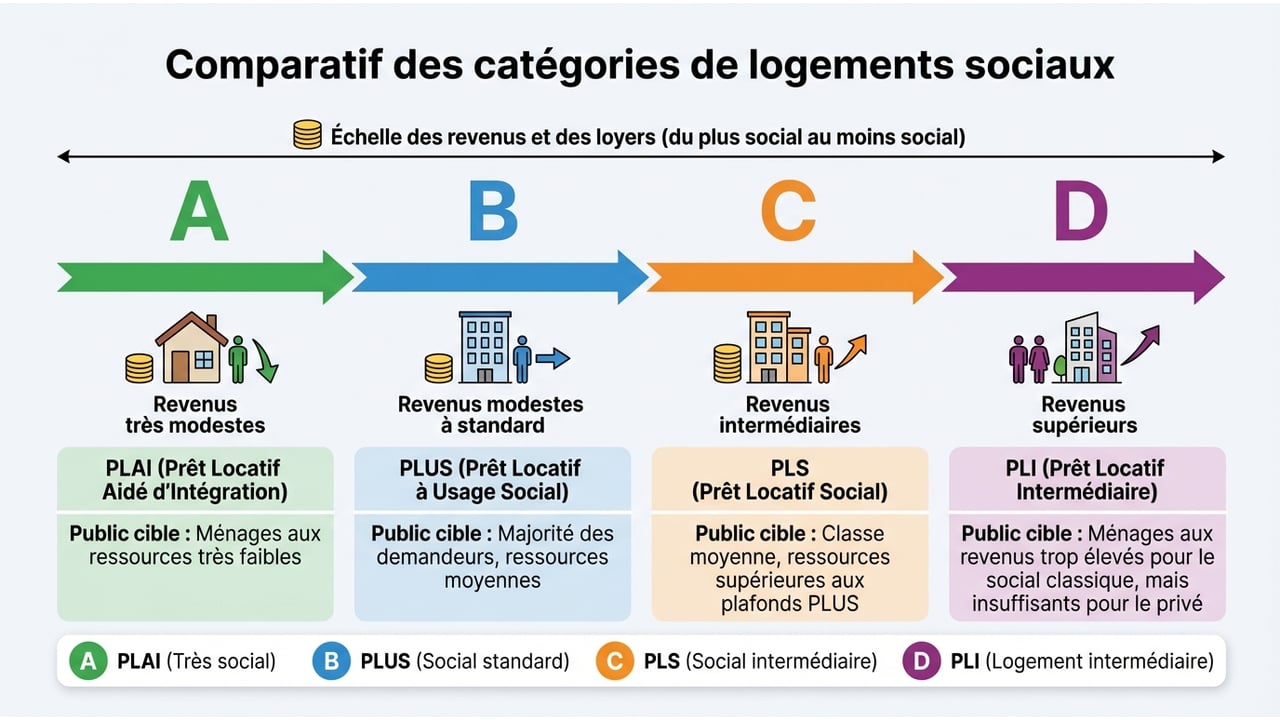 Infographie montrant la hiérarchie des logements du plus social (PLAI) au logement intermédiaire (PLI) selon les revenus.