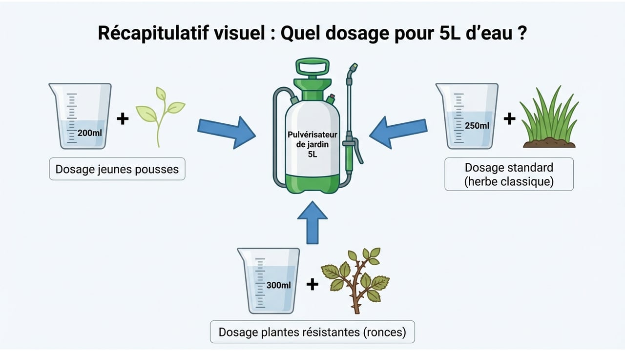 Infographie montrant un pulvérisateur de 5 litres avec trois flacons de dosage : 200ml (jeunes pousses), 250ml (standard) et 300ml (plantes résistantes).