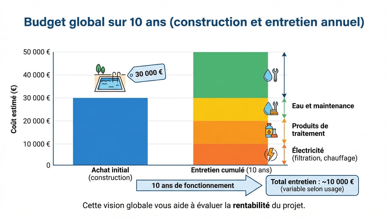 Graphique à barres montrant l'investissement initial comparé au cumul des frais d'entretien sur une période de 10 ans.