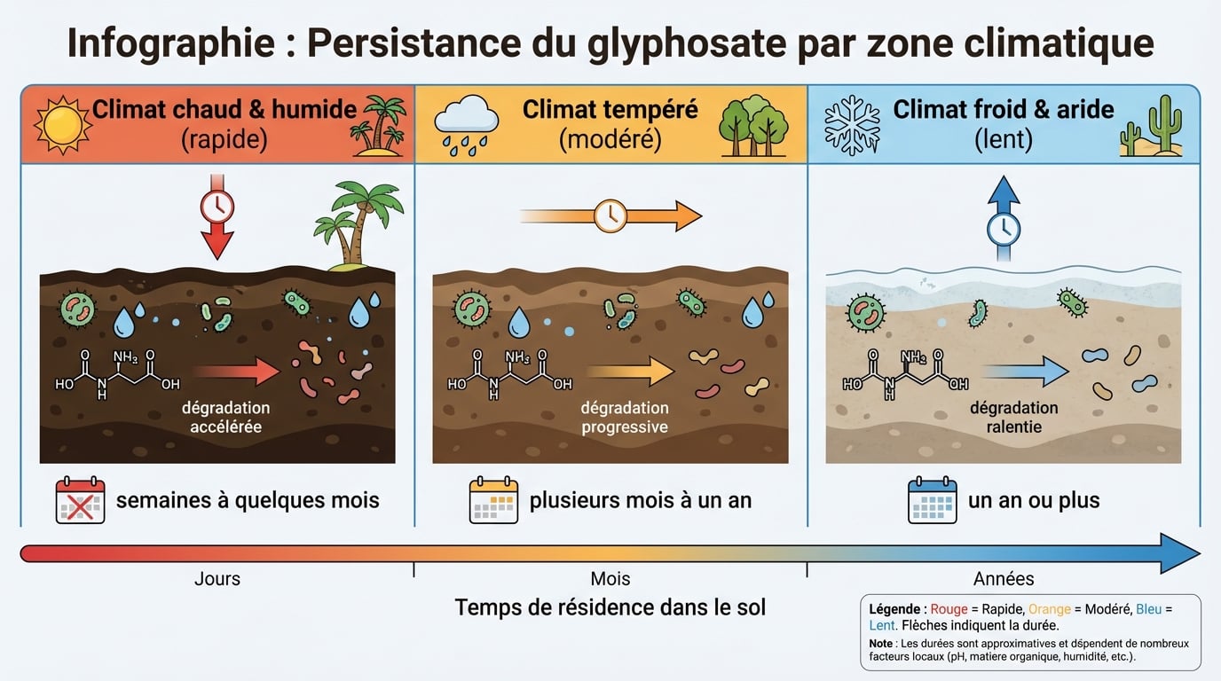 Infographie : Persistance du glyphosate par zone climatique