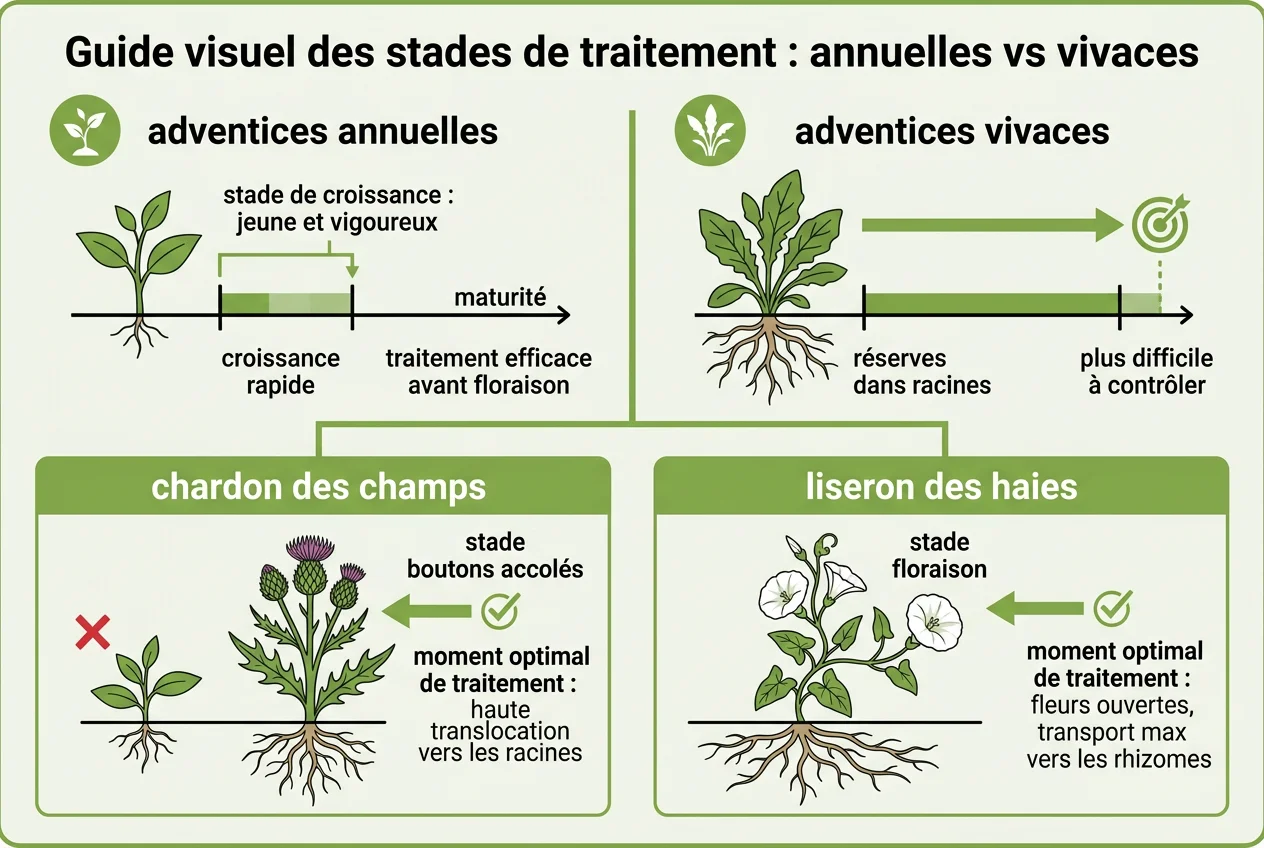 Guide visuel des stades de traitement : Annuelles vs Vivaces