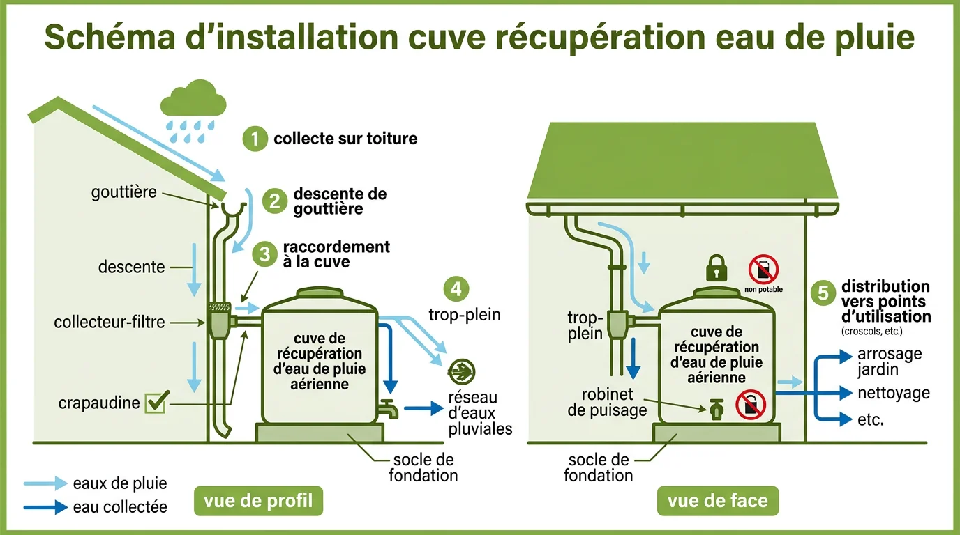 Schéma d'installation cuve récupération eau de pluie