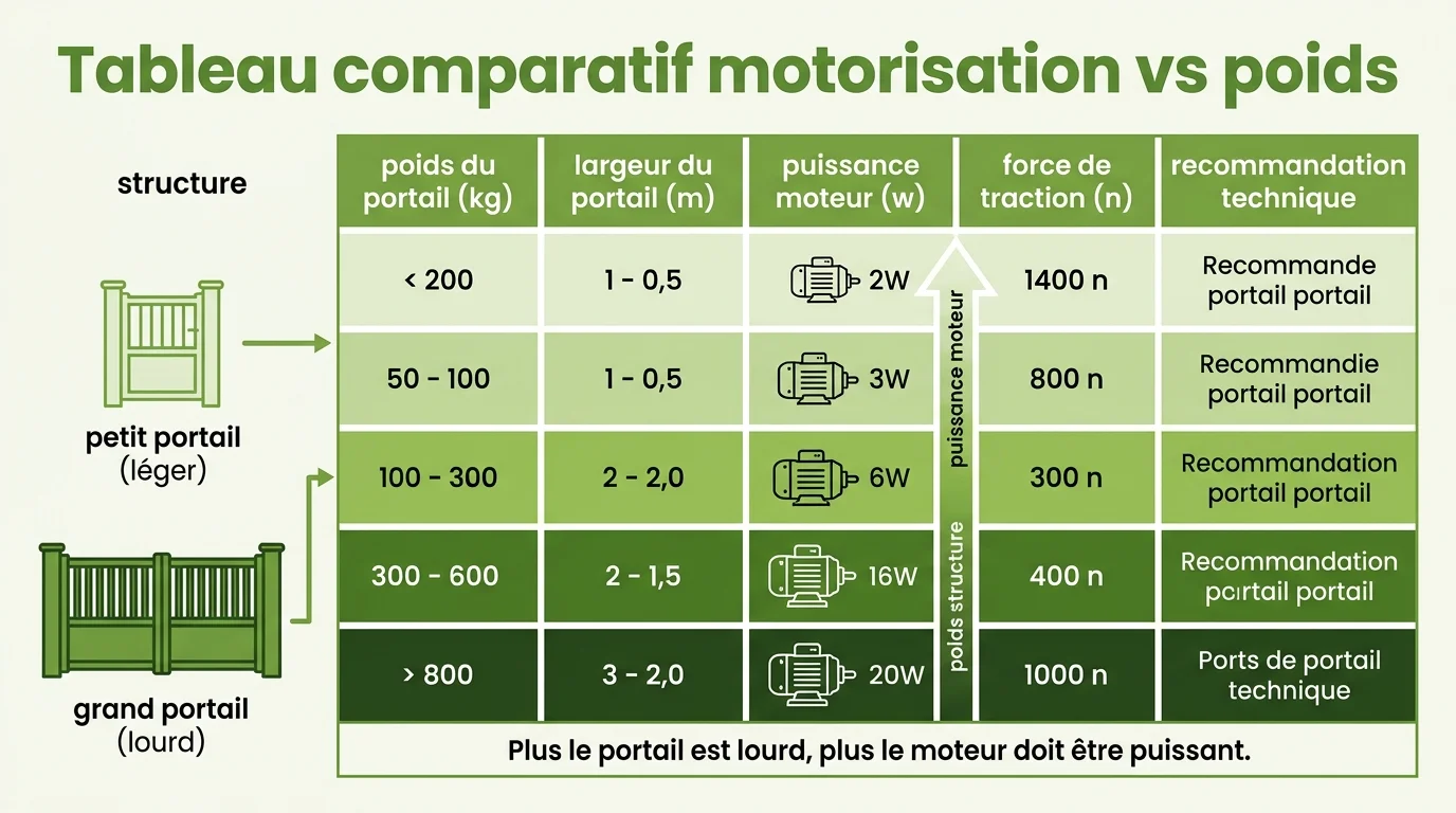 Tableau comparatif motorisation vs poids