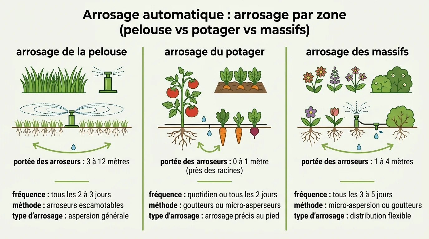 Infographie comparative : arrosage par zone (pelouse vs potager vs massifs)