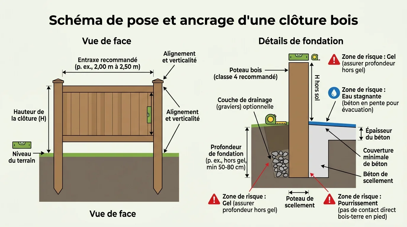 Schéma de pose et ancrage d'une clôture bois