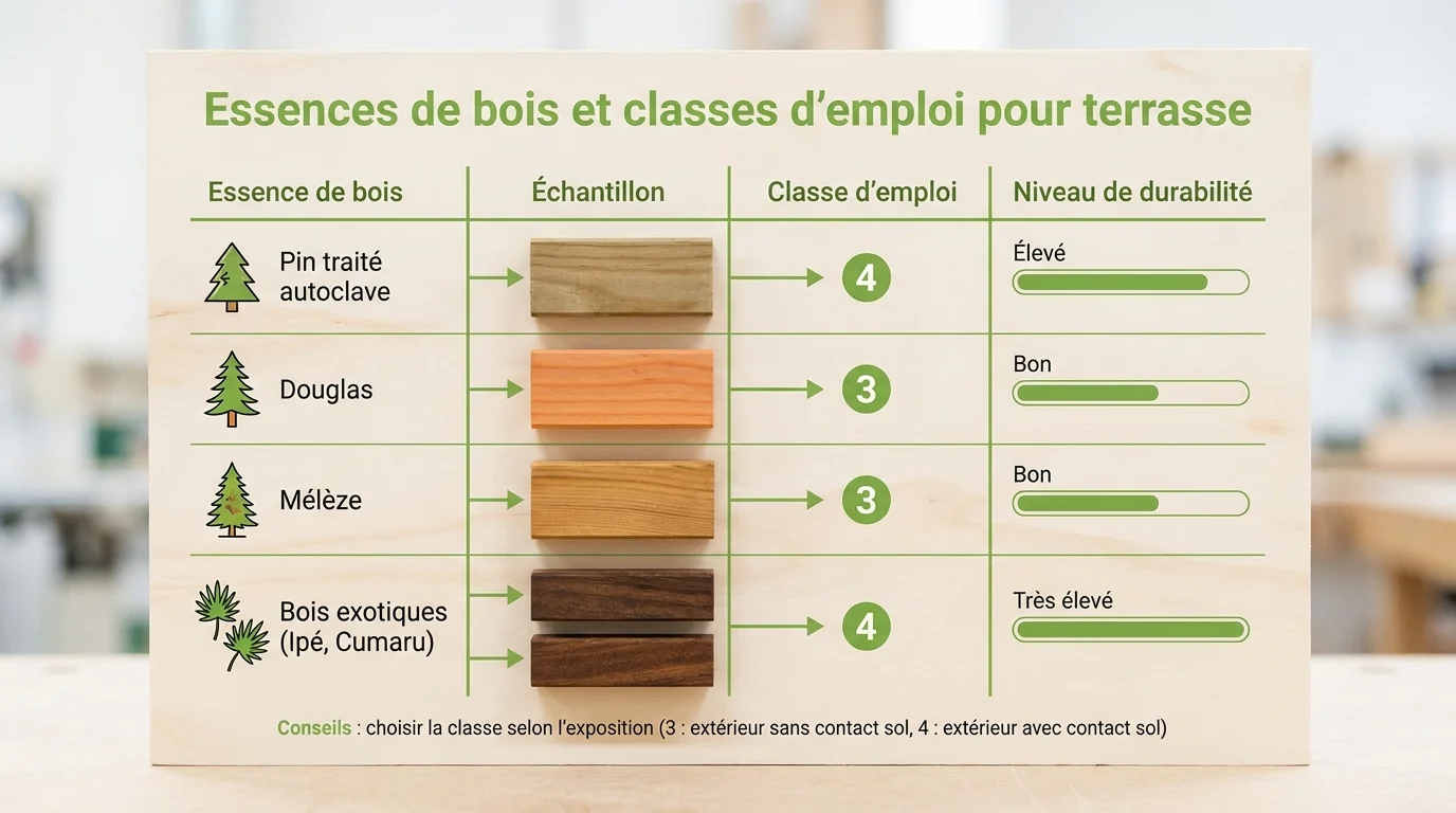 Essences de bois et classes d'emploi pour terrasse