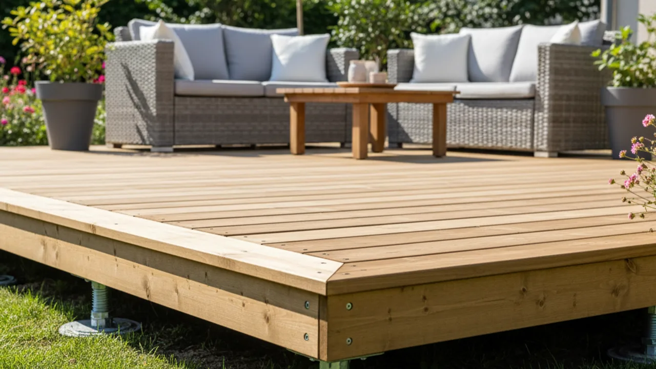 Terrasse en bois sur plots réglables dans un jardin