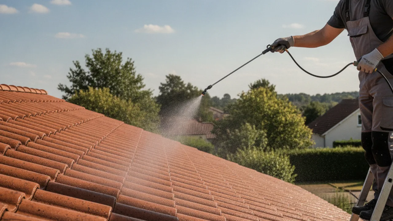 Application d'un produit anti-mousse sur la toiture