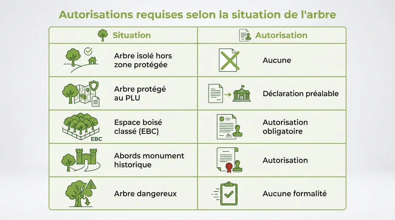 Autorisations requises selon la situation de l'arbre