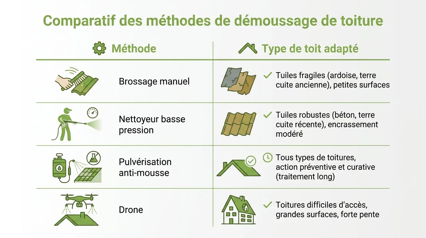 Comparatif des méthodes de démoussage de toiture
