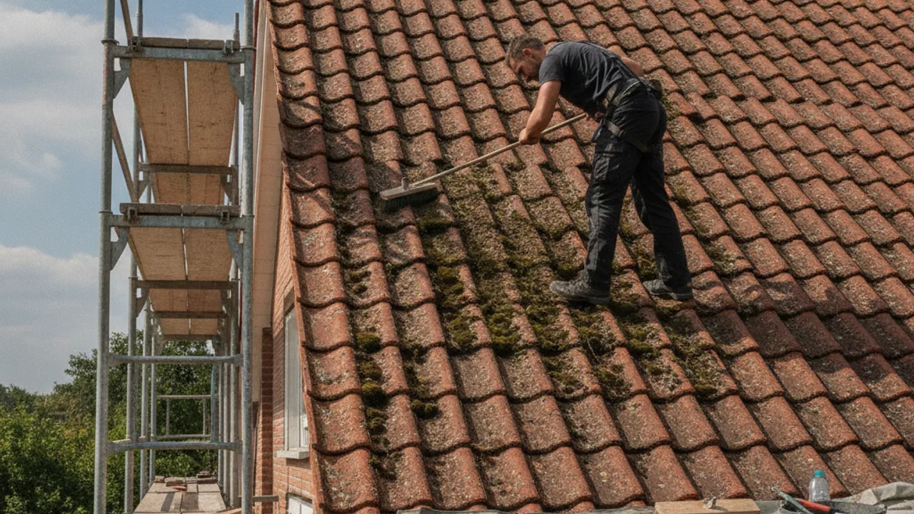 Démoussage d'une toiture en tuiles avec accès par échafaudage