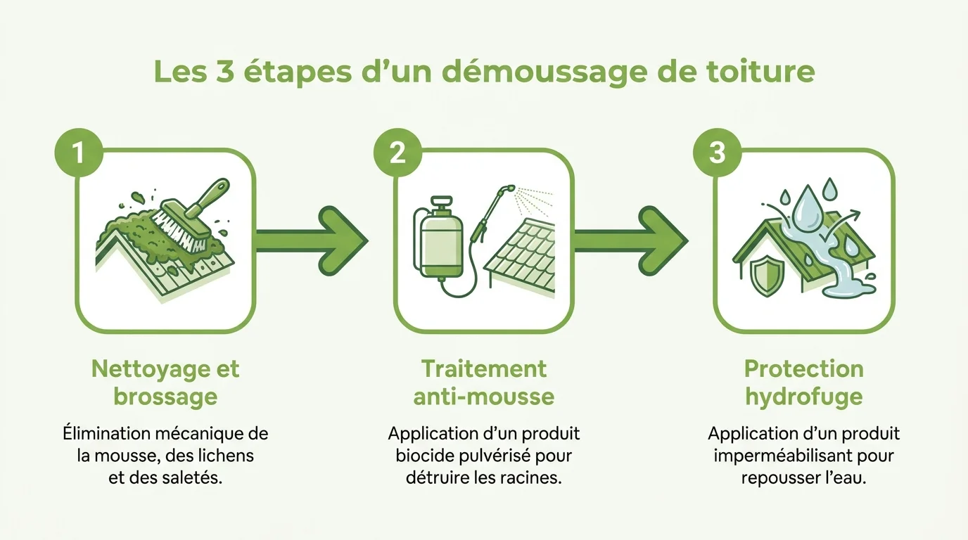 Les 3 étapes d'un démoussage de toiture