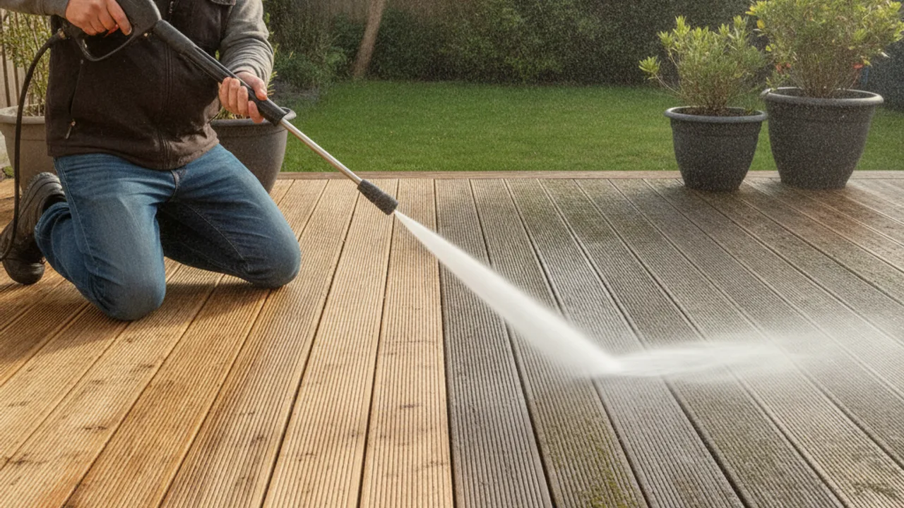Nettoyage d'une terrasse en bois au nettoyeur haute pression
