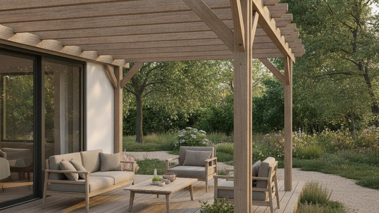 Pergola bois adossee sur une terrasse de jardin