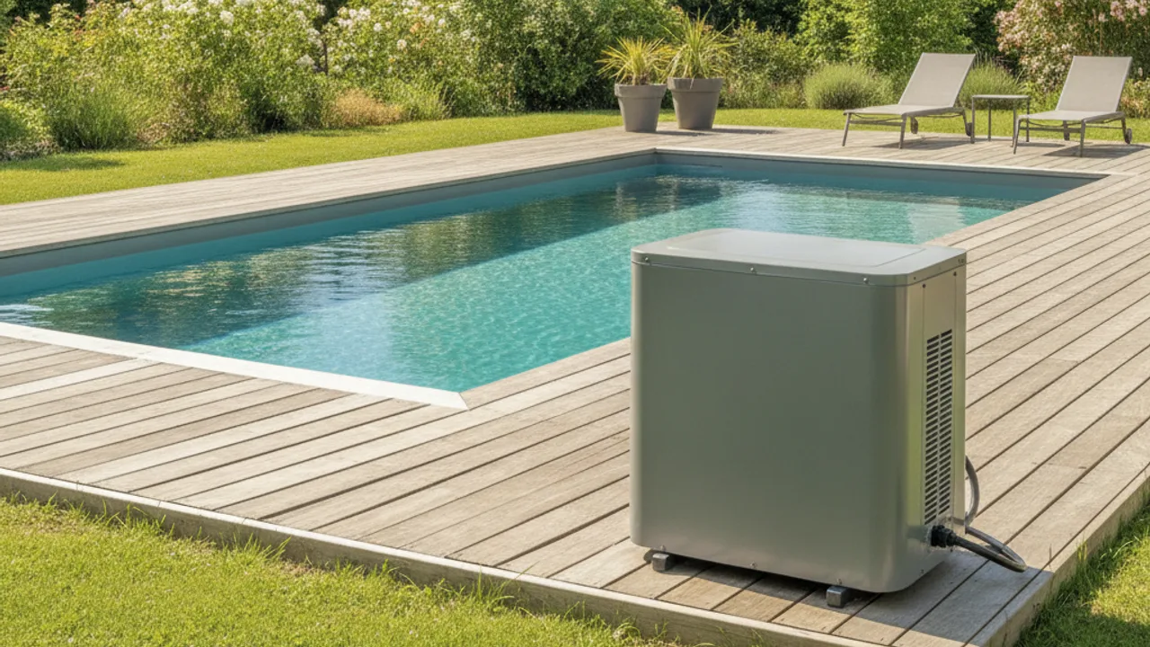 Pompe à chaleur installée à côté d'une piscine de jardin