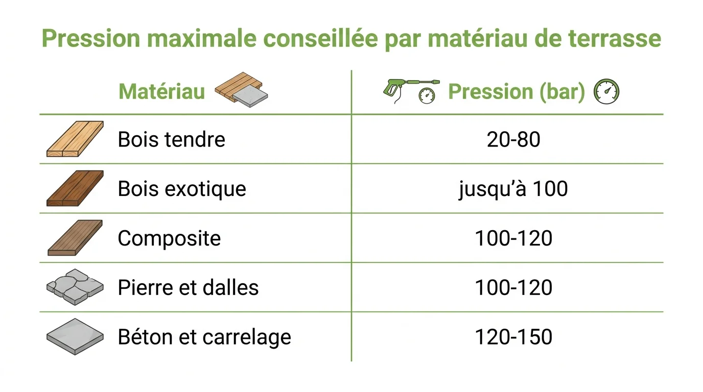 Pression maximale conseillee par materiau de terrasse