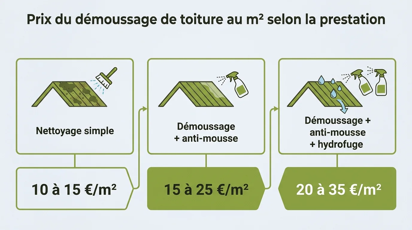 Prix du démoussage de toiture au m2 selon la prestation