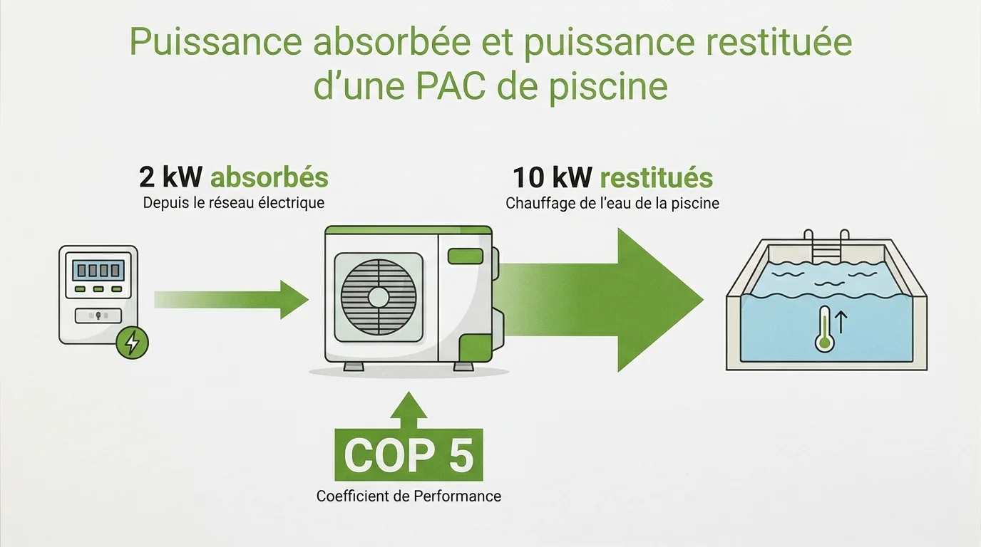 Puissance absorbée et puissance restituée d'une PAC de piscine