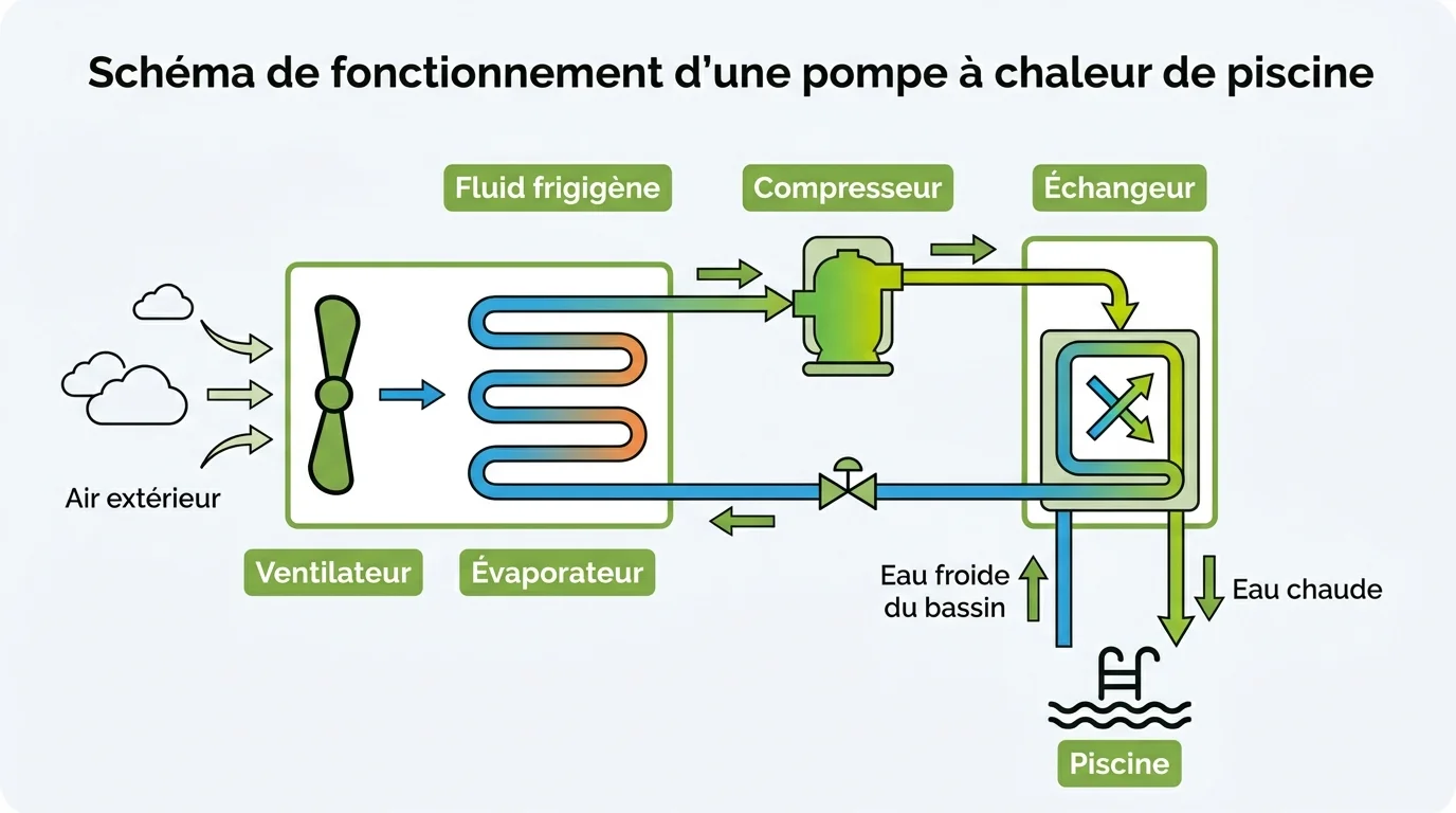 Schema de fonctionnement d'une pompe a chaleur de piscine