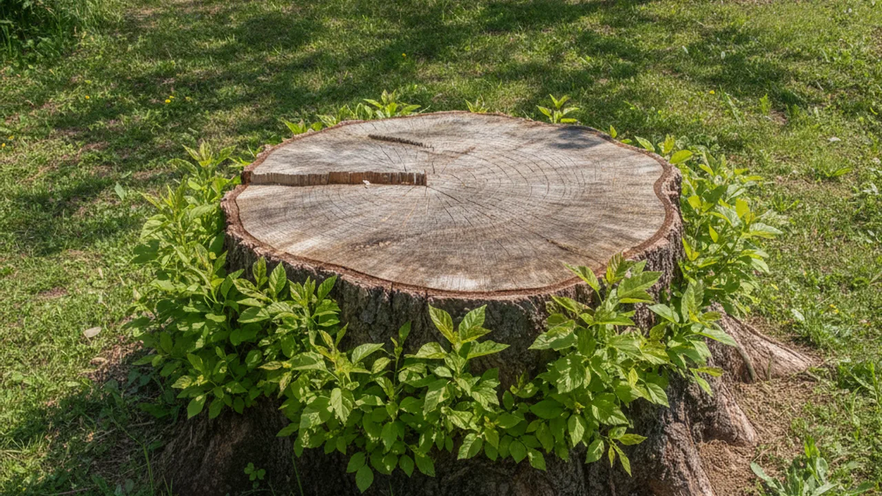 Souche d'arbre laissée en terre après abattage, avec rejets