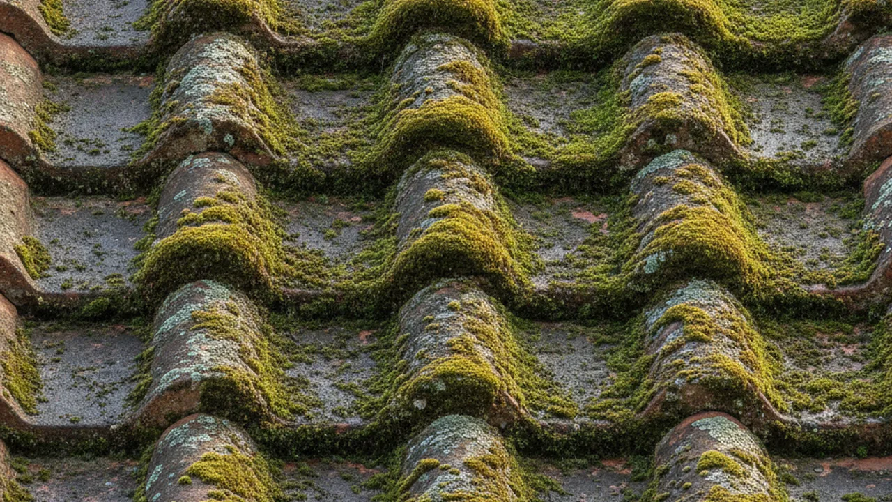 Toiture en tuiles envahie par la mousse et les lichens