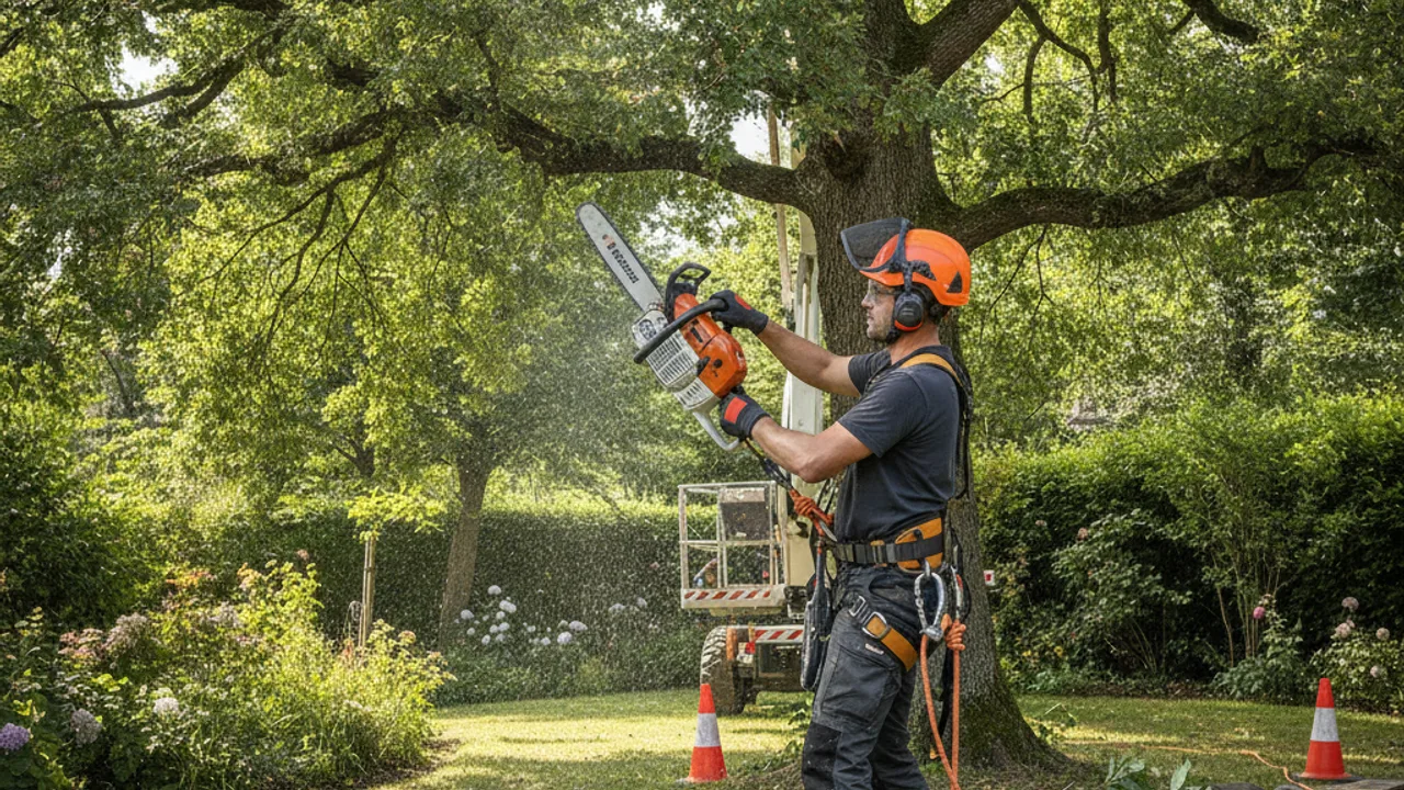 Un élagueur au travail sur un grand arbre